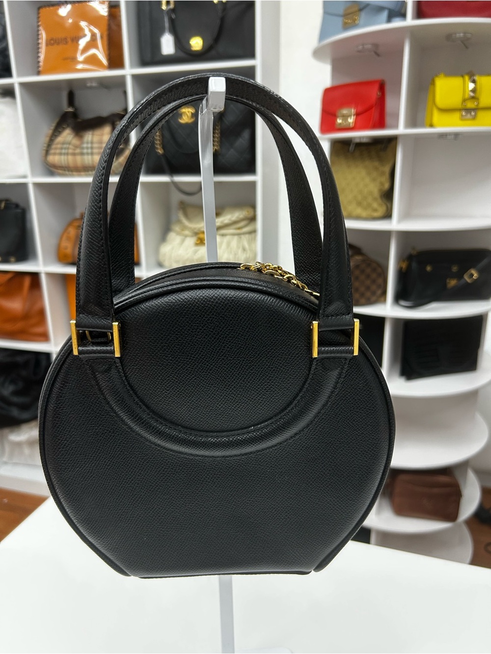 Bally Vintage Black Round Mini Top-Handle Bag with Gold Hardware